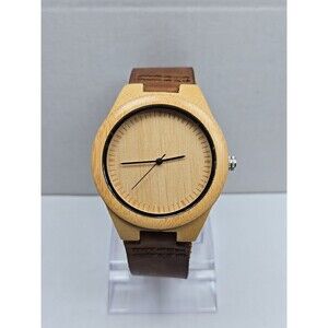 Cucol Bamboo Wooden Watch Brown Leather Strap Minimalist Quartz 45mm New Battery